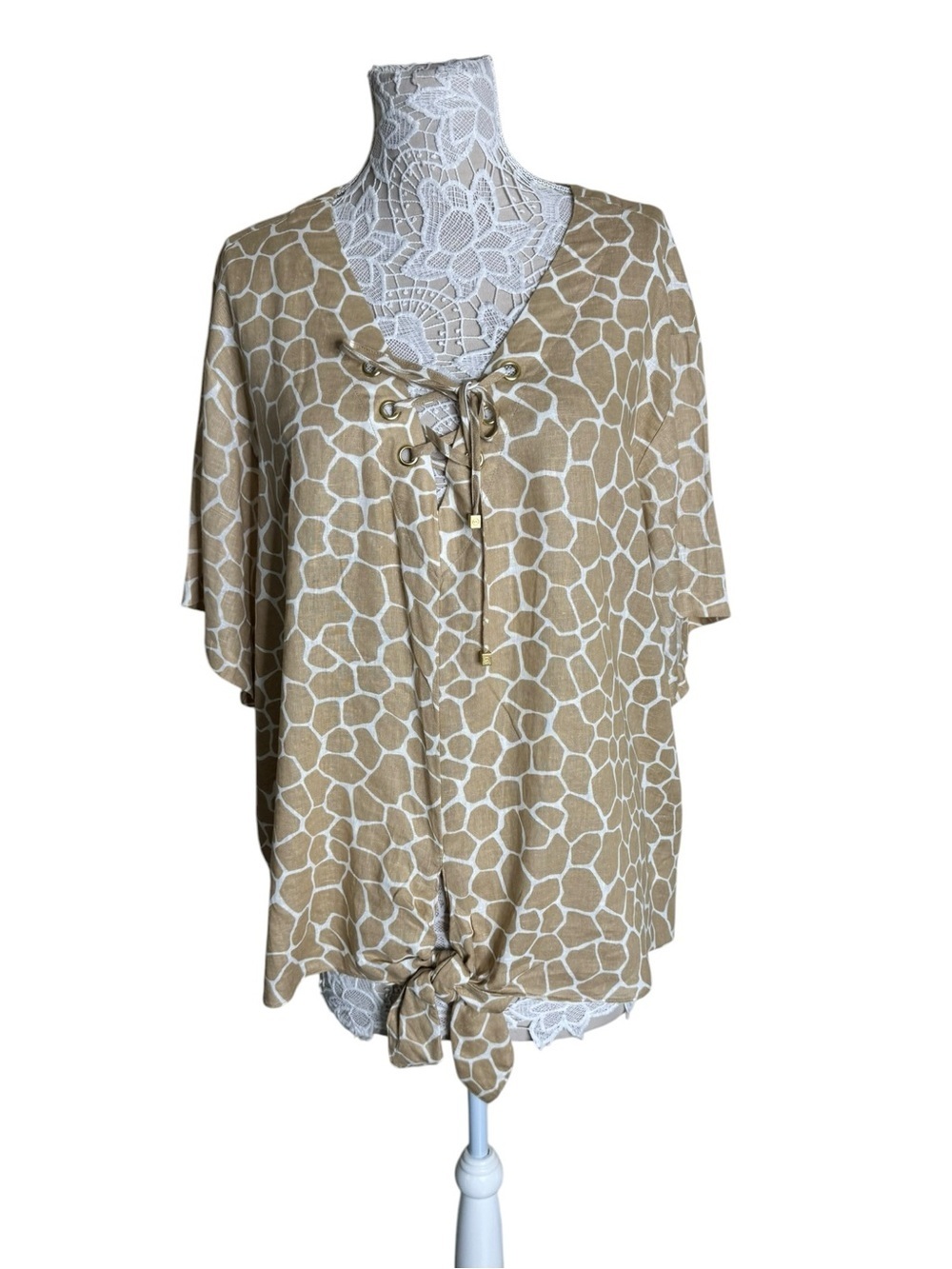 Michael Kors Giraffe Print Lace-Up Tie Hem Blouse Linen Beige womens size 3X